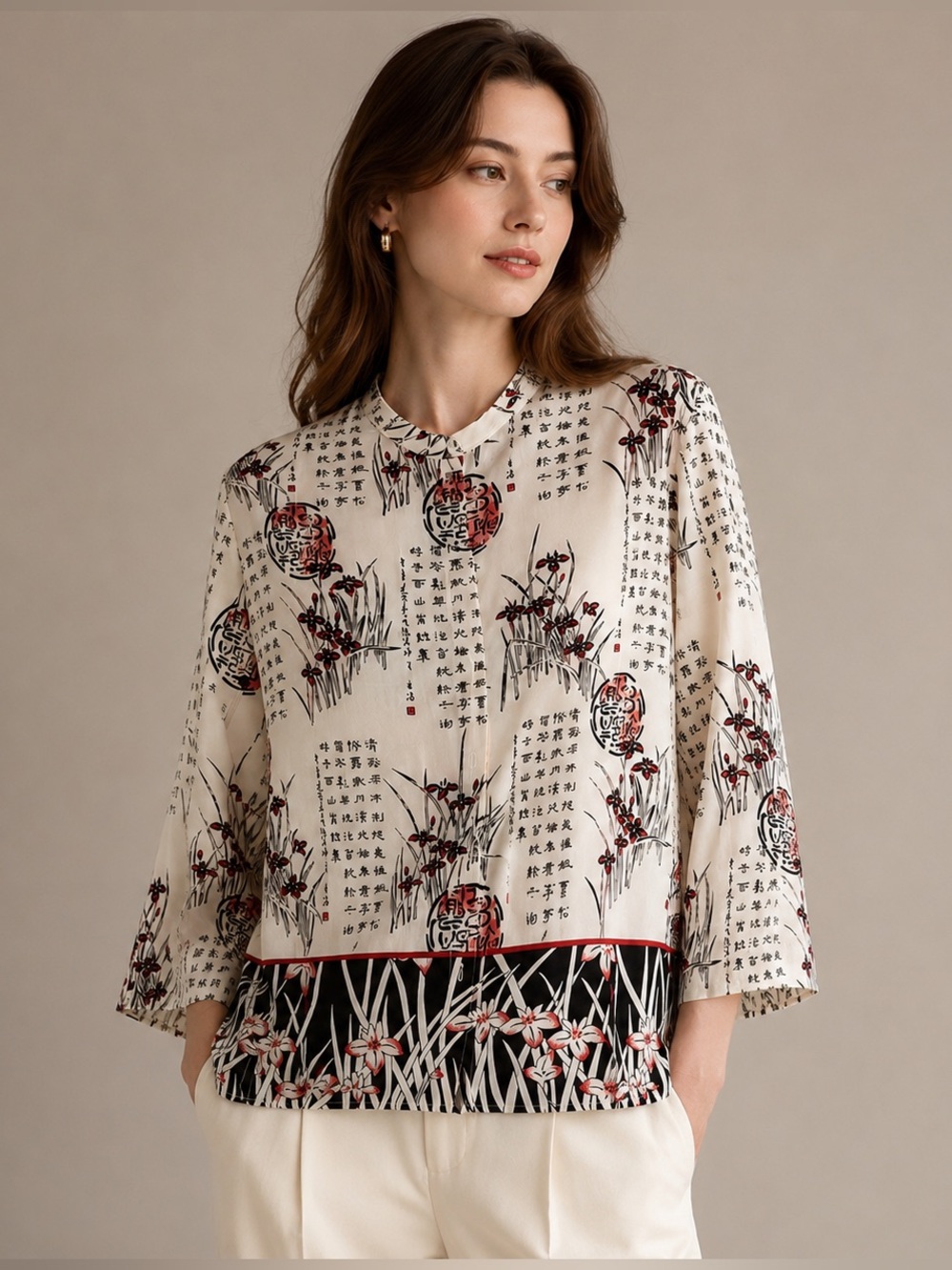 Sag Harbor Asian Oriental Chinese Script Print Blouse‎ Red Floral Button Front M